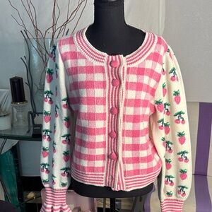 LoveShackFancy Pink and Cream Checkered Cardigan